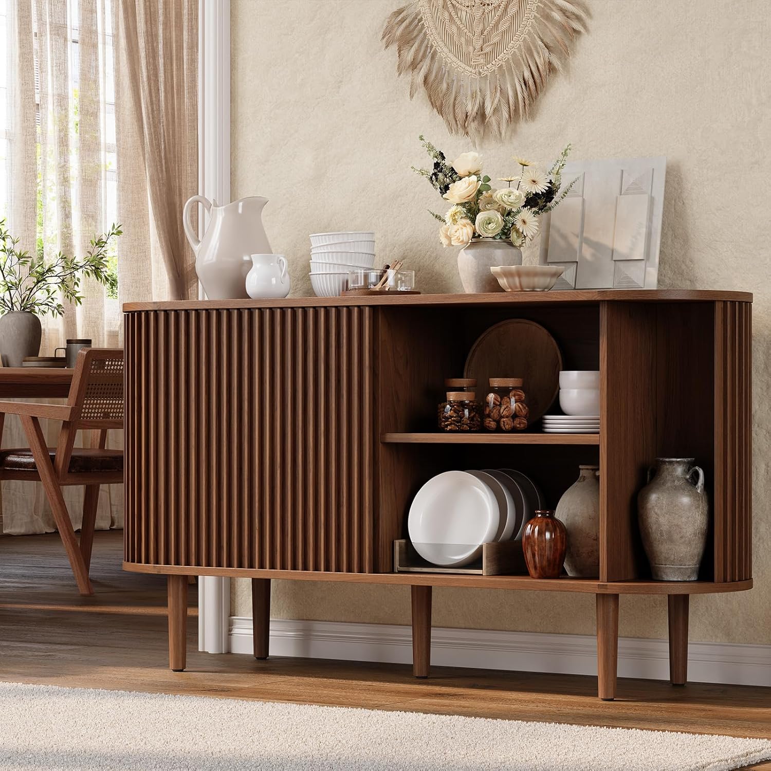 ONBRILL 55" Buffet Sideboard Cabinet with Sliding Doors, Mid-Century Modern Sideboard Buffet Cabinet with Storage & Adjustable Shelves, Accent Coffee Bar Console Table for Kitchen, Entryway, Walnut