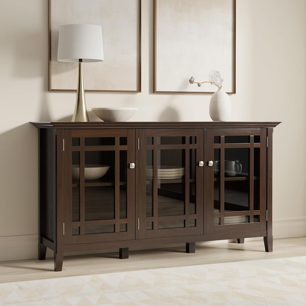 SIMPLIHOME Bedford Storage Cabinet - 62 inch Wide Solid Wood Sideboard Cabinet in Dark Tobacco Brown, Transitional Buffet for Living Room, Dining Room, or Entryway with Glass Doors and Shelves