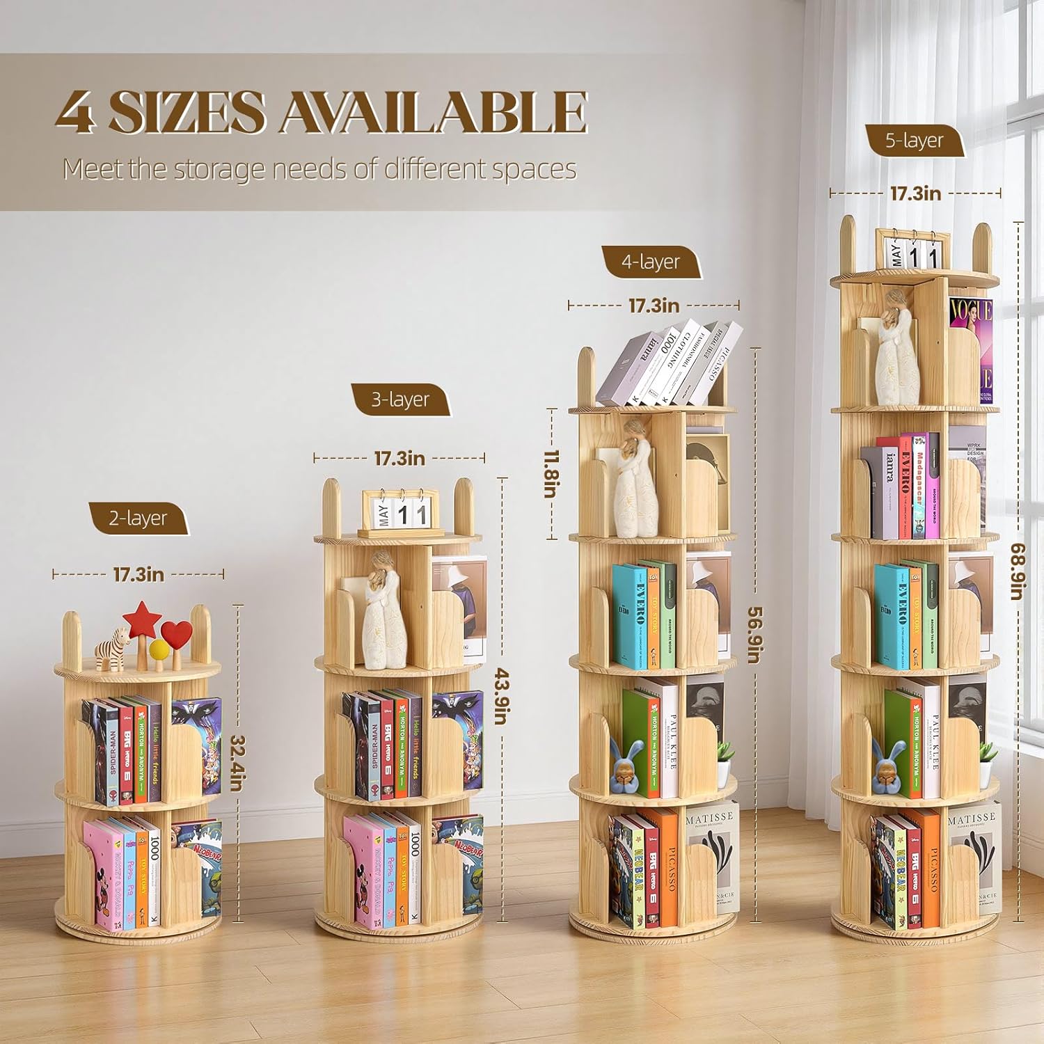Kryonix Rotating Bookshelf, Solid Pine Wood Spinning Bookshelf Tower 5 Tier, 360° Revolving Bookcase for Kids, Multi-Functiona Corner Round Turning Book Shelf Organizer for Small Spaces