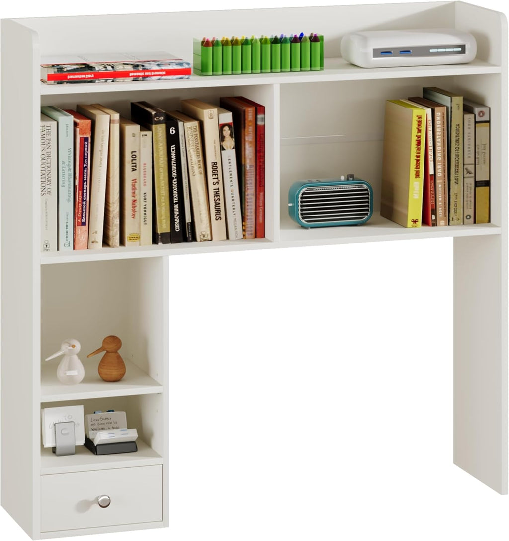 ChooChoo Desktop Bookshelf with Lights, 36.4" Tall Countertop Desk Hutch with 5 Shelves and 1 Drawer for Computer Desk, Desk Shelf Organizer for Dorm Office Home,White