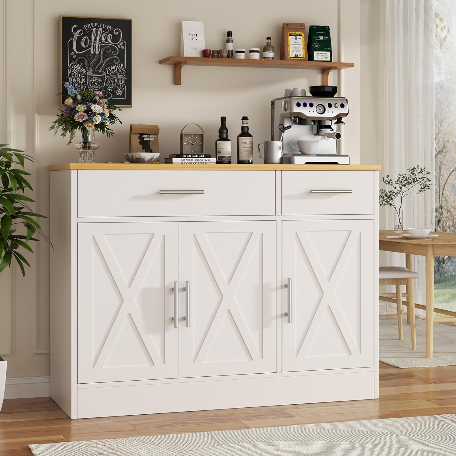 Vongrasig Coffee Bar Cabinet, Farmhouse Sideboard Buffet Cabinet with Storage, Coffee Bar with Drawers and Shelves, Wood Buffet Table for Kitchen, Dining Room, White