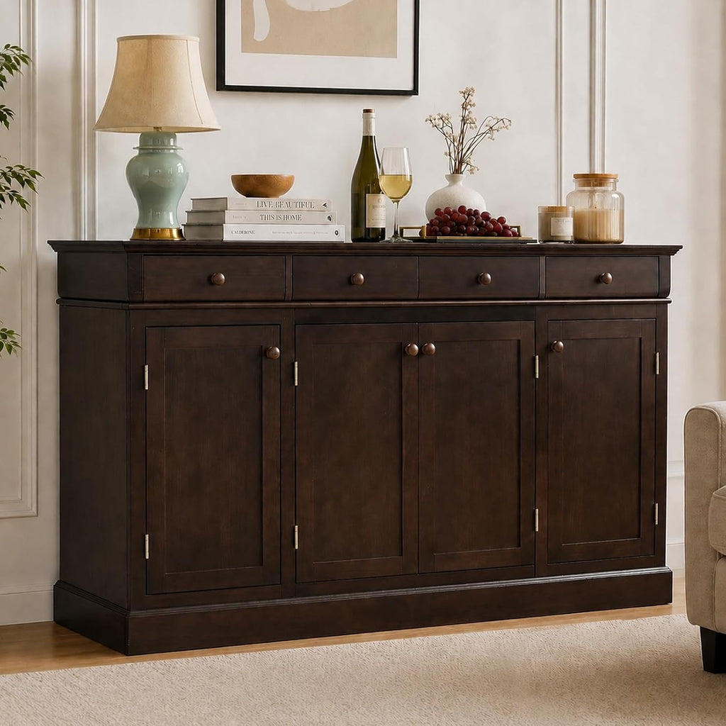 60 Inch Sideboard Buffet Cabinet with Storage, Farmhouse Credenza with 4 Doors and 3 Drawers, Wood Kitchen Coffee Bar with Adjustable Shelves for Dining Room, Living Room (Walnut)