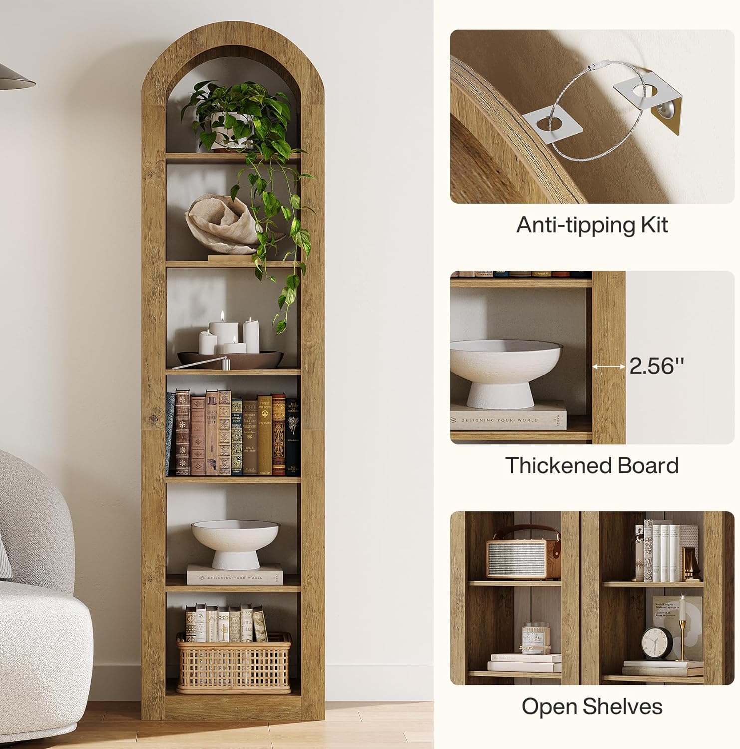 Tribesigns 74.8" Tall Arched Bookshelf, 6-Tier Narrow Open Bookcase, Floor Standing Corner Display Shelves Storage Organizer for Small Space, Home Office, Living Room (Rustic Brown, 1 PC)