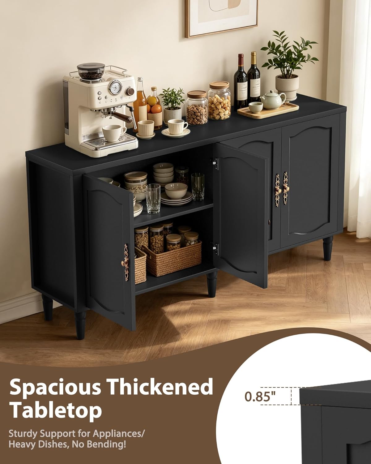 fineway 63" Sideboard Buffet Cabinet with Storage, Mid Century Modern Credenza with Adjustable Shelves & Carved Handles, Kitchen Buffet Table Large Coffee Bar for Dining Room & Living Room, Black