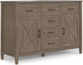 SIMPLIHOME Ela Buffet - 54 inch Wide Solid Wood 3-Door Sideboard Buffet in Smoky Brown, Transitional Storage Cabinet for Dining Room or Kitchen with Adjustable Shelves and Brushed Metal Hardware
