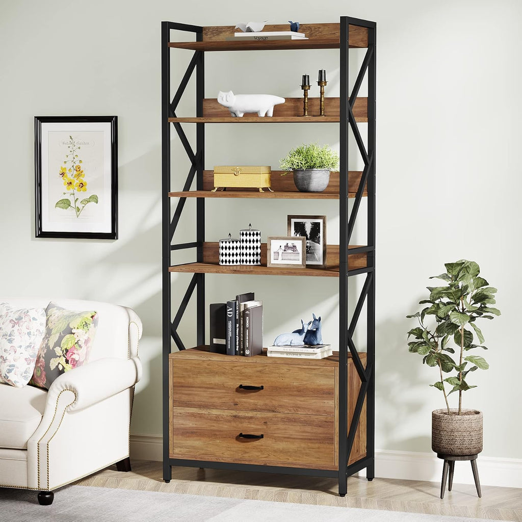 Tribesigns Bookshelf with Drawers, 70.8" Industrial Bookcase with 2 Drawers, 5 Shelf Open Shelf for Storage, Wood Book Shelf for Living Room, Bedroom, Home, Office (1, Rustic Brown)