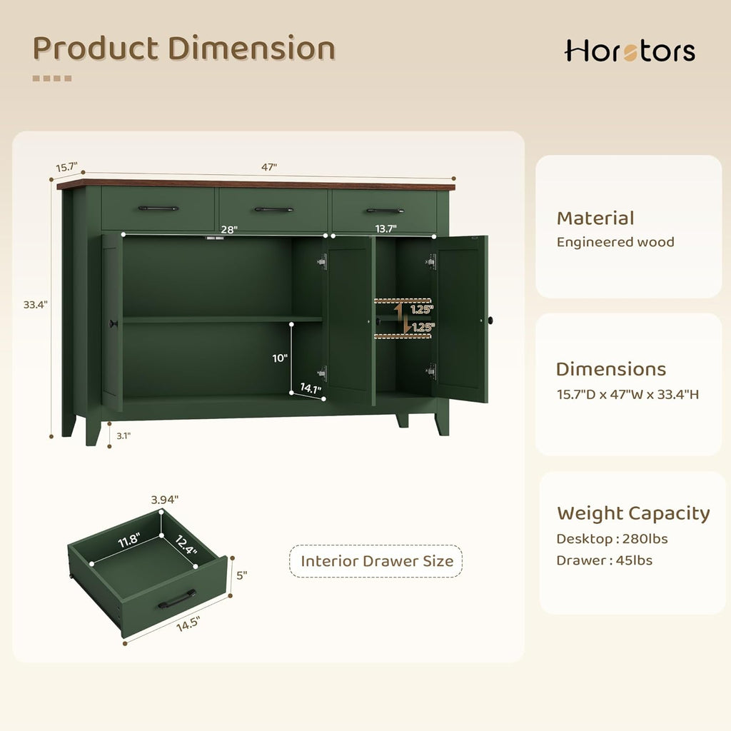 HORSTORS 47" Buffet Cabinet with Storage, Kitchen Buffet Table with Drawers, Modern Farmhouse Coffee Bar Storage Cabinet with Adjustable Shelf, Wood Sideboard for Dining Room, Kitchen, Entryway, Green
