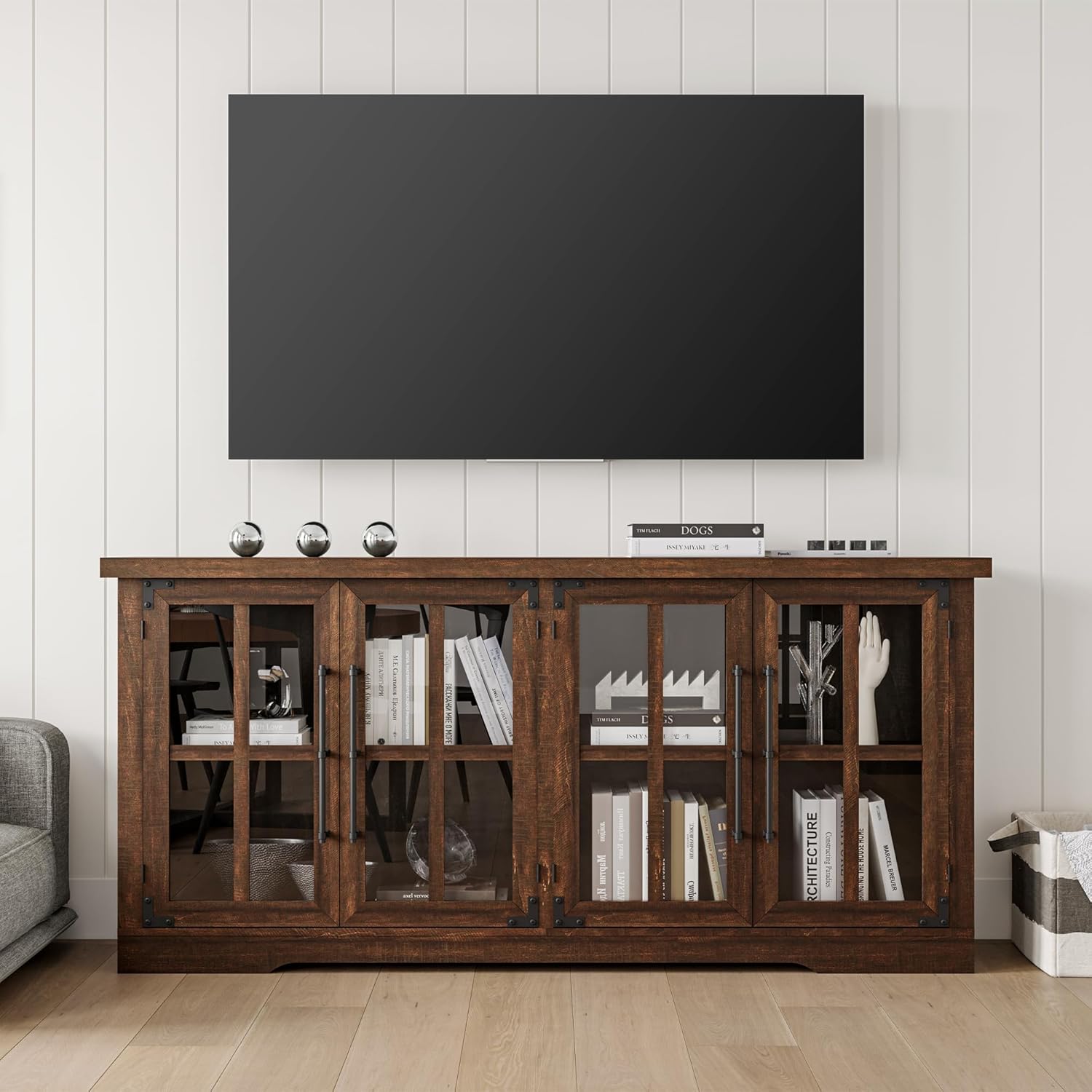 AMERLIFE Farmhouse 63" Buffet Sideboard Cabinet with Glass Door, Large Storage Cabinet with Adjustable Shelf, Wooden Coffee Bar Station for Kitchen, Dinning Room, Brown