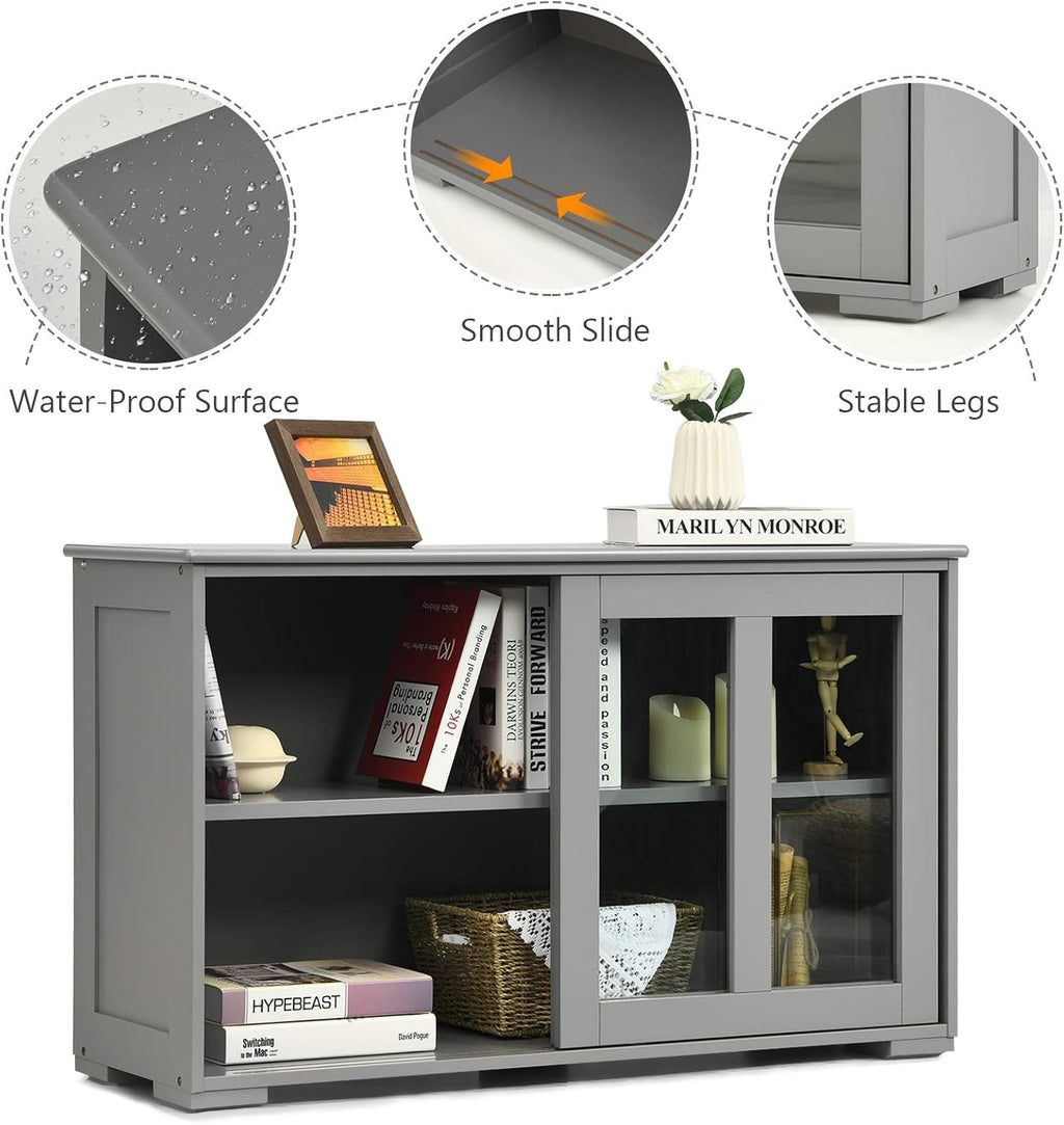 Costzon Sideboard Buffet Cabinet, Wooden Kitchen Storage Cabinet with Adjustable Shelf, Sliding Glass Doors, Accent Coffee Bar Cabinet Console Table for Living Room, Dining Room, Hallway (Grey)