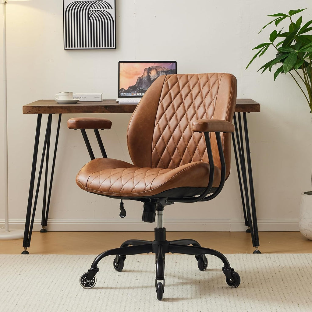 YFO Home Office Desk Chair Office Rubber Casters Ergonomic Computer Chair with Lumbar Support Adjustable Height Rolling Swivel Executive Task Armrests Chair . Brown Leather