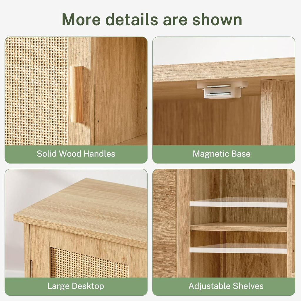 Iwell Rattan Storage Cabinet with 4 Adjustable Shelves, Coffee Bar Cabinet, Sideboard Buffet for Kitchen, Living Room, Entryway, Natural