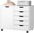 DUMOS 5 Drawer File Cabinet Office Drawers Organizer with Wheels Roliing, Under Desk Cabinets with Shelves and Door Printer Stand with Wood Board Metal Frame for Home Office Storage Craft Room, White