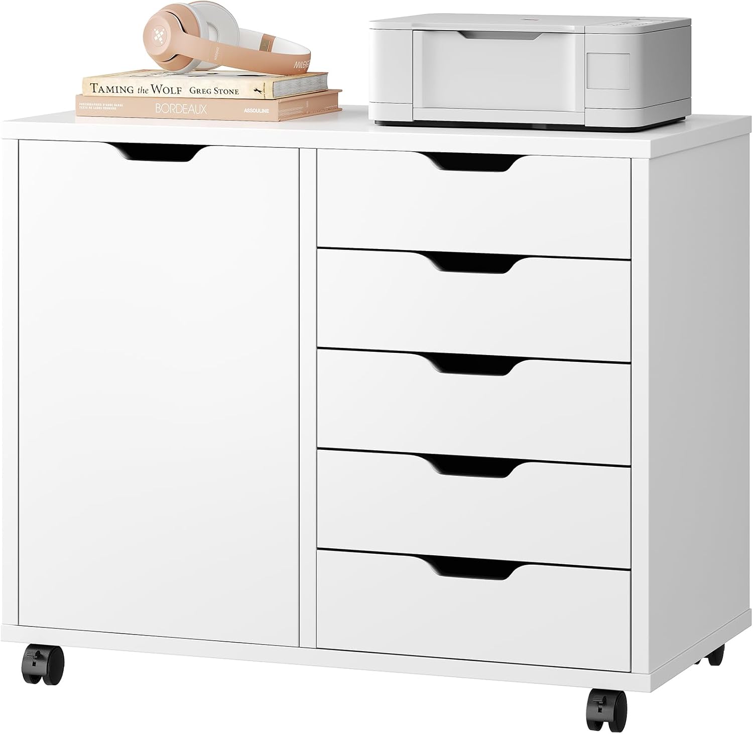 DUMOS 5 Drawer File Cabinet Office Drawers Organizer with Wheels Roliing, Under Desk Cabinets with Shelves and Door Printer Stand with Wood Board Metal Frame for Home Office Storage Craft Room, White