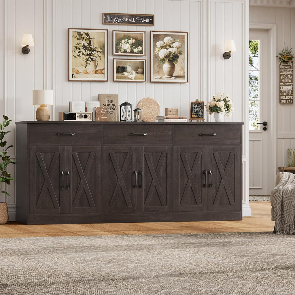 HOSTACK 71" Large Sideboard Buffet Cabinet with Storage, Farmhouse Coffee Bar Cabinet with 3 Drawers, Long Kitchen Buffet Table, Kitchen Sideboard Storage Cabinet for Dining, Living Room, Dark Brown