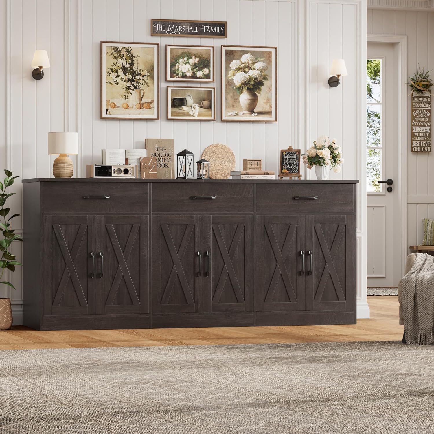 HOSTACK 71" Large Sideboard Buffet Cabinet with Storage, Farmhouse Coffee Bar Cabinet with 3 Drawers, Long Kitchen Buffet Table, Kitchen Sideboard Storage Cabinet for Dining, Living Room, Dark Brown