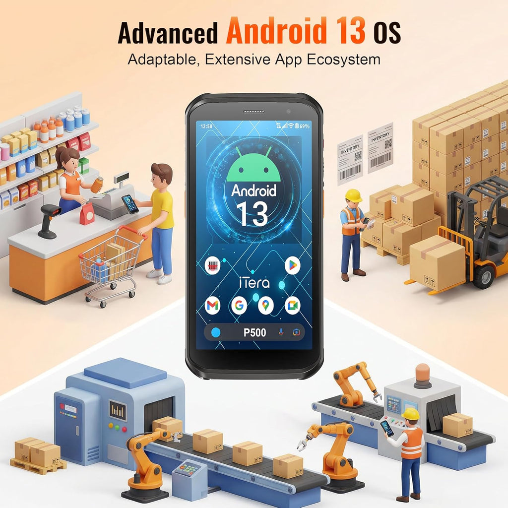Android 13 Barcode Scanner PDA: HS7 Scan Engine 5.45" HD Display 4GB+64GB IP66 Waterproof 5100mAh Battery Warehouse Retail Handheld Computer P500