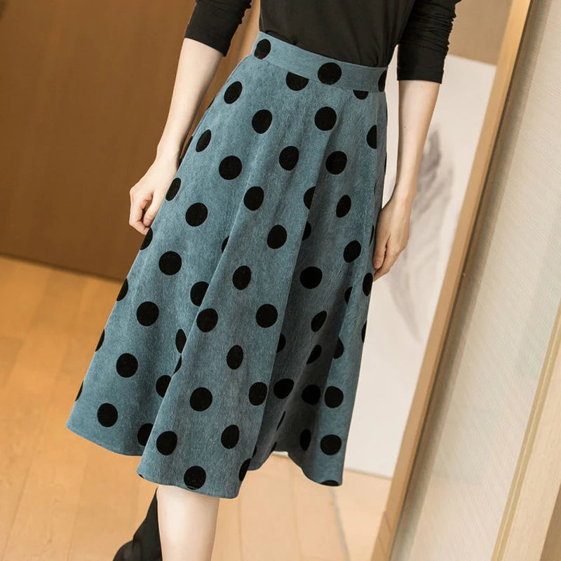 Women Casual Skirt 2023 Spring Autumn Korean Simple French Elegant Retro Office Dot Designed Female Corduroy Skirts