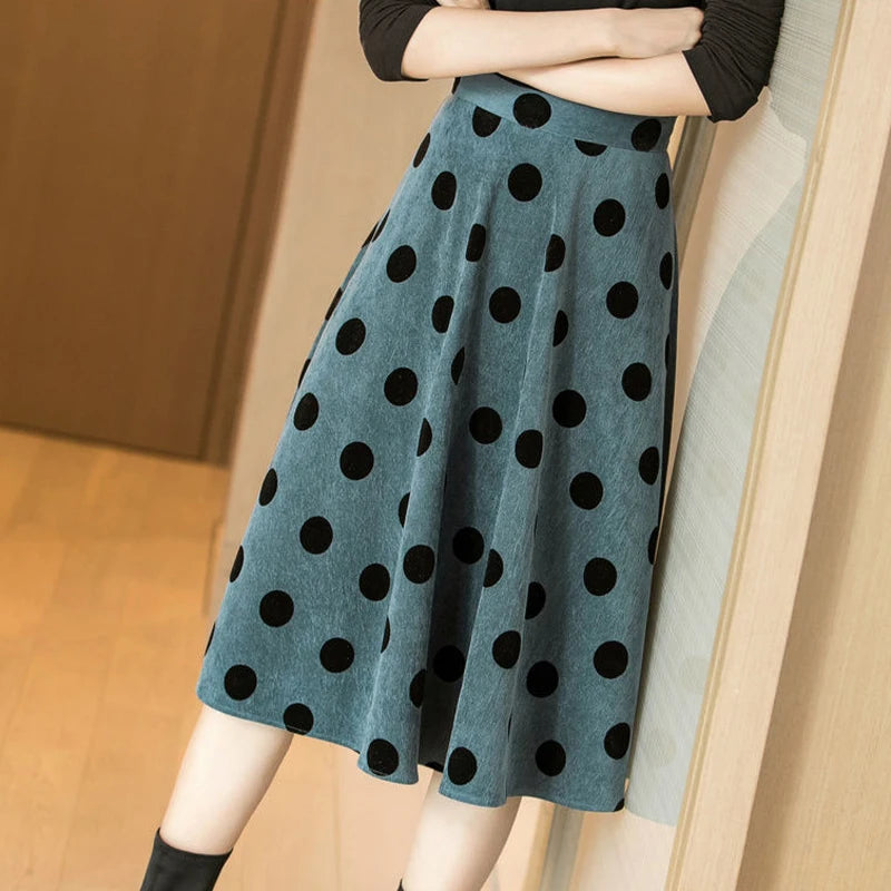 Women Casual Skirt 2023 Spring Autumn Korean Simple French Elegant Retro Office Dot Designed Female Corduroy Skirts