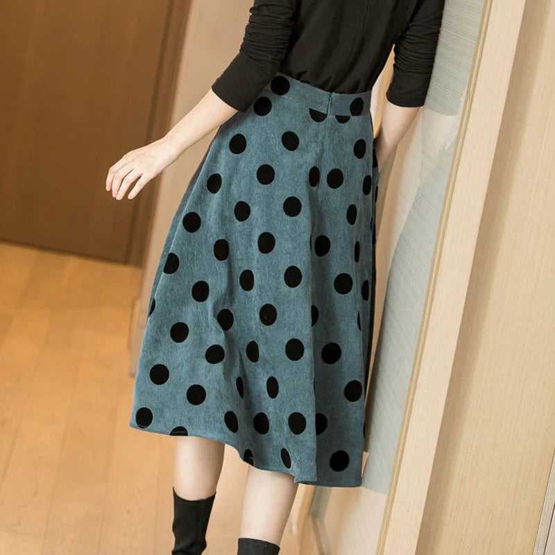 Women Casual Skirt 2023 Spring Autumn Korean Simple French Elegant Retro Office Dot Designed Female Corduroy Skirts