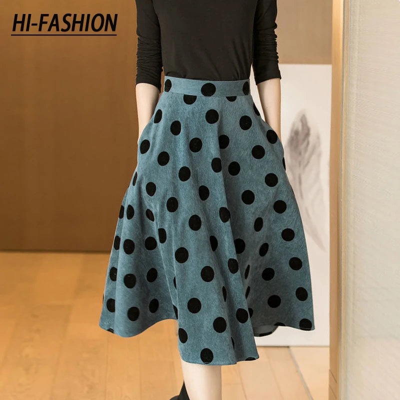 Women Casual Skirt 2023 Spring Autumn Korean Simple French Elegant Retro Office Dot Designed Female Corduroy Skirts
