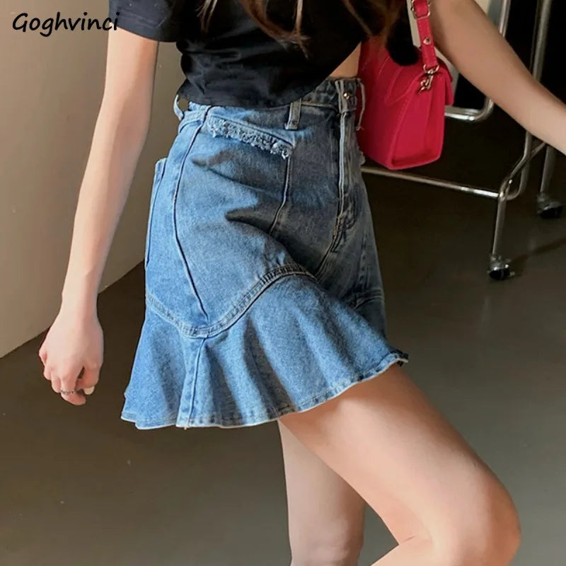 High Street Ruffles Mini Skirts Women Sweet A-line Empire Denim Faldas Girls Spliced Fashion Ulzzang Slim Outwear Leisure Chic