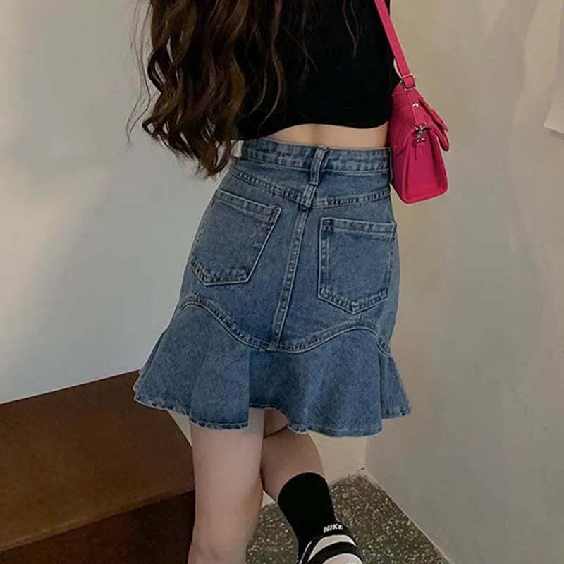 High Street Ruffles Mini Skirts Women Sweet A-line Empire Denim Faldas Girls Spliced Fashion Ulzzang Slim Outwear Leisure Chic