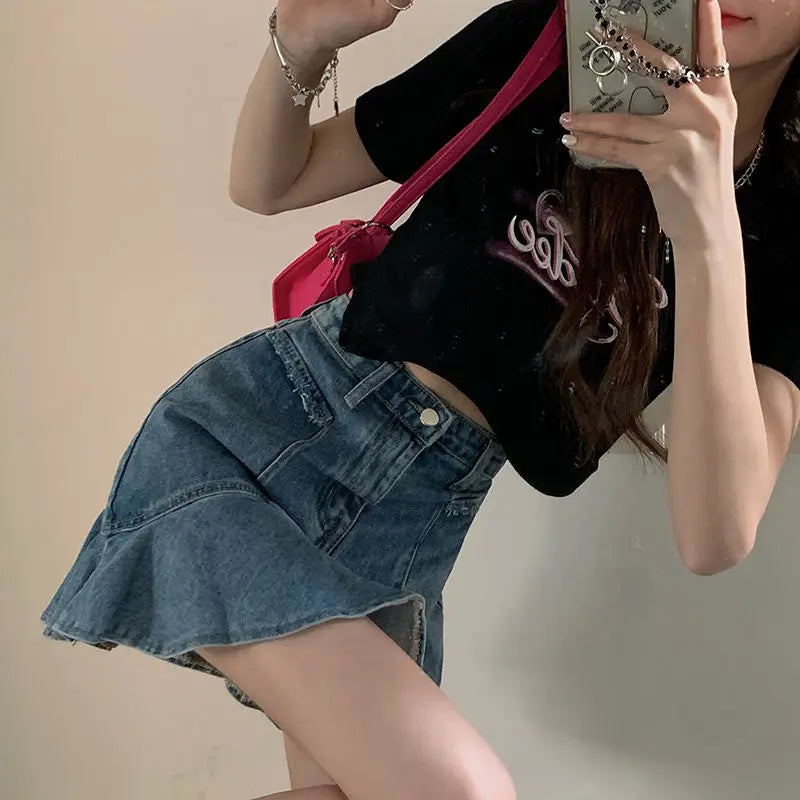 High Street Ruffles Mini Skirts Women Sweet A-line Empire Denim Faldas Girls Spliced Fashion Ulzzang Slim Outwear Leisure Chic