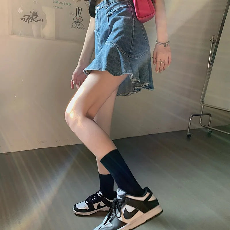 High Street Ruffles Mini Skirts Women Sweet A-line Empire Denim Faldas Girls Spliced Fashion Ulzzang Slim Outwear Leisure Chic