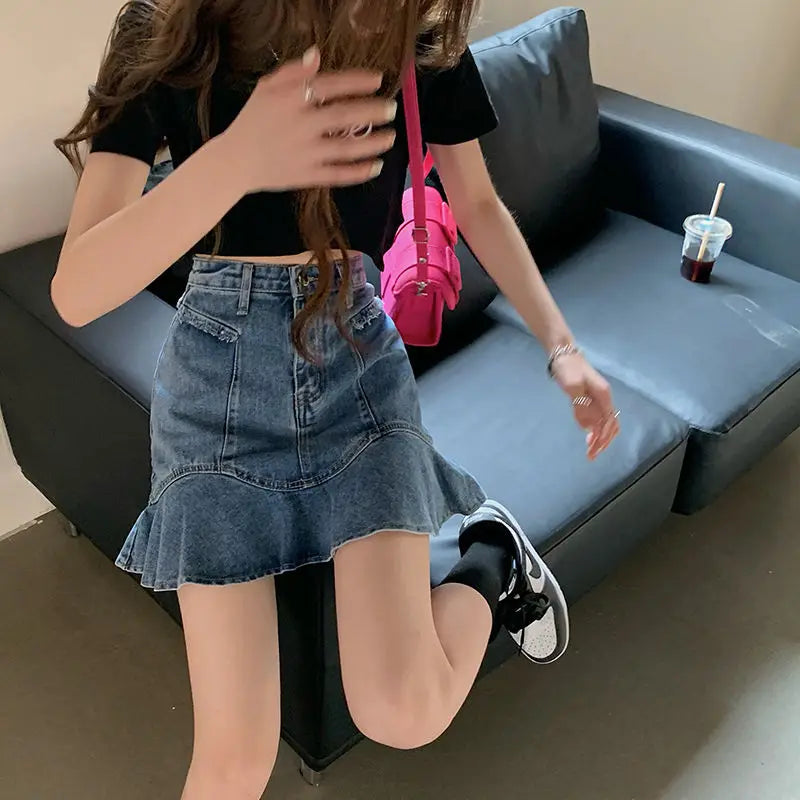 High Street Ruffles Mini Skirts Women Sweet A-line Empire Denim Faldas Girls Spliced Fashion Ulzzang Slim Outwear Leisure Chic