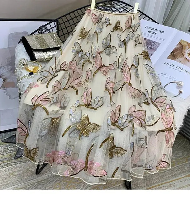 Sequin Mesh Embroidery Dragonfly Long Skirt Women's Spring And Summer Slim High Waist Pleated Sweet Midi Tulle Skirt Print skirt