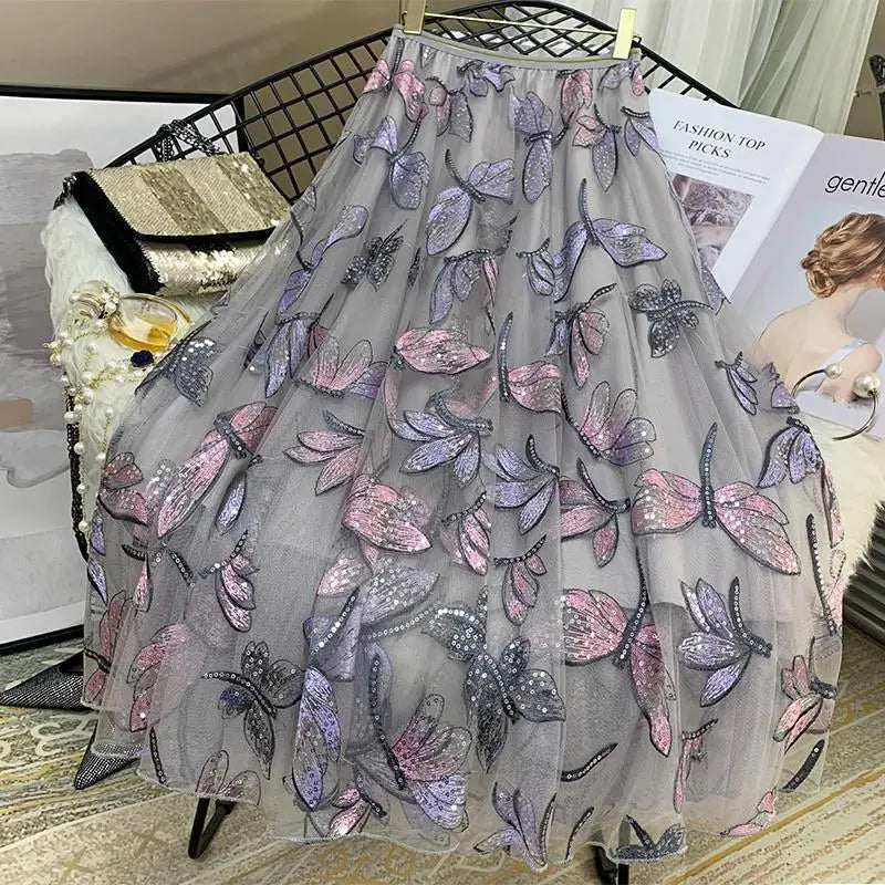 Sequin Mesh Embroidery Dragonfly Long Skirt Women's Spring And Summer Slim High Waist Pleated Sweet Midi Tulle Skirt Print skirt