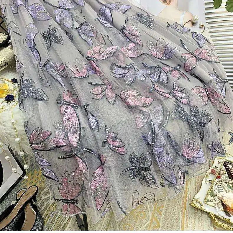 Sequin Mesh Embroidery Dragonfly Long Skirt Women's Spring And Summer Slim High Waist Pleated Sweet Midi Tulle Skirt Print skirt