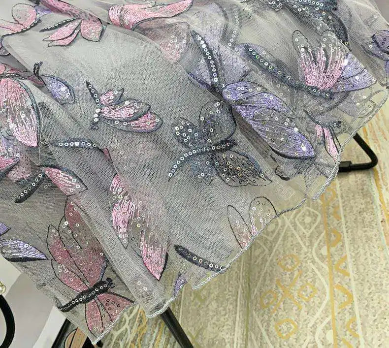 Sequin Mesh Embroidery Dragonfly Long Skirt Women's Spring And Summer Slim High Waist Pleated Sweet Midi Tulle Skirt Print skirt