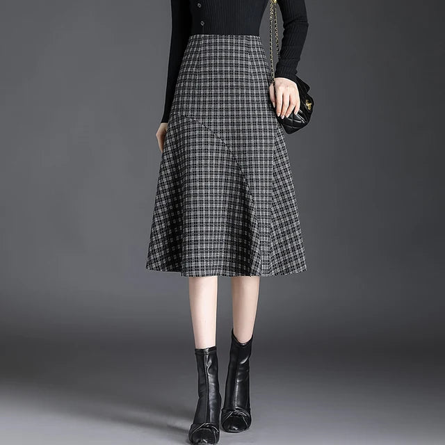 Women Patchwork Wrap Hip Skirt Autumn Winter High Waist Plaid Skirt Women Fashion Fishtail Design Mid -Length Skirt