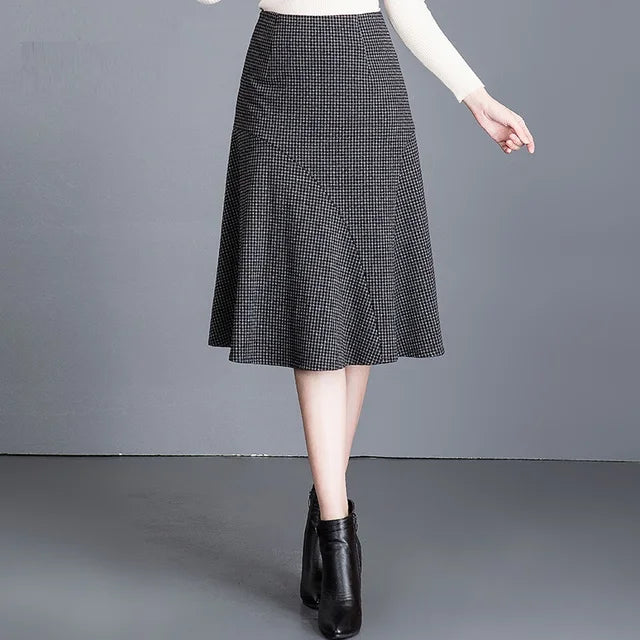 Women Patchwork Wrap Hip Skirt Autumn Winter High Waist Plaid Skirt Women Fashion Fishtail Design Mid -Length Skirt