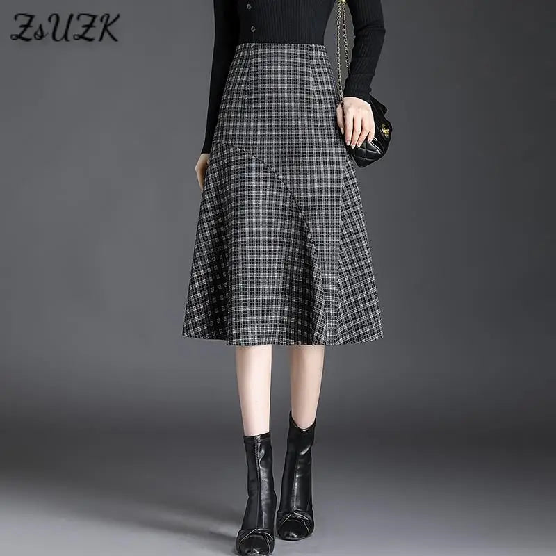Women Patchwork Wrap Hip Skirt Autumn Winter High Waist Plaid Skirt Women Fashion Fishtail Design Mid -Length Skirt