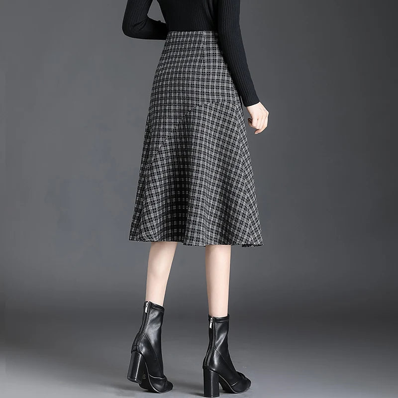 Women Patchwork Wrap Hip Skirt Autumn Winter High Waist Plaid Skirt Women Fashion Fishtail Design Mid -Length Skirt