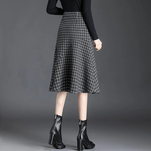 Women Patchwork Wrap Hip Skirt Autumn Winter High Waist Plaid Skirt Women Fashion Fishtail Design Mid -Length Skirt