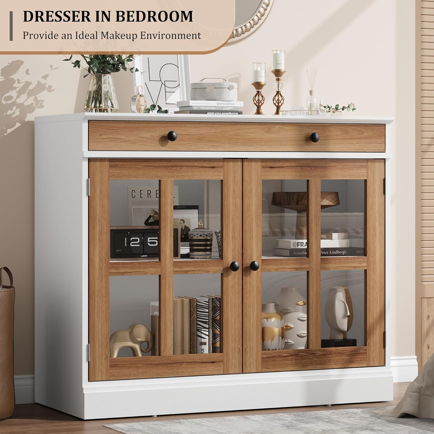 GarveeHome 35.4 in Sideboard Buffet Cabinets with Glass Door, Buffet Cabinet with Storage, White&Brown Sideboard Cabinet with Drawer, Modern Buffets & Sideboards for Dining Room, Kitchen