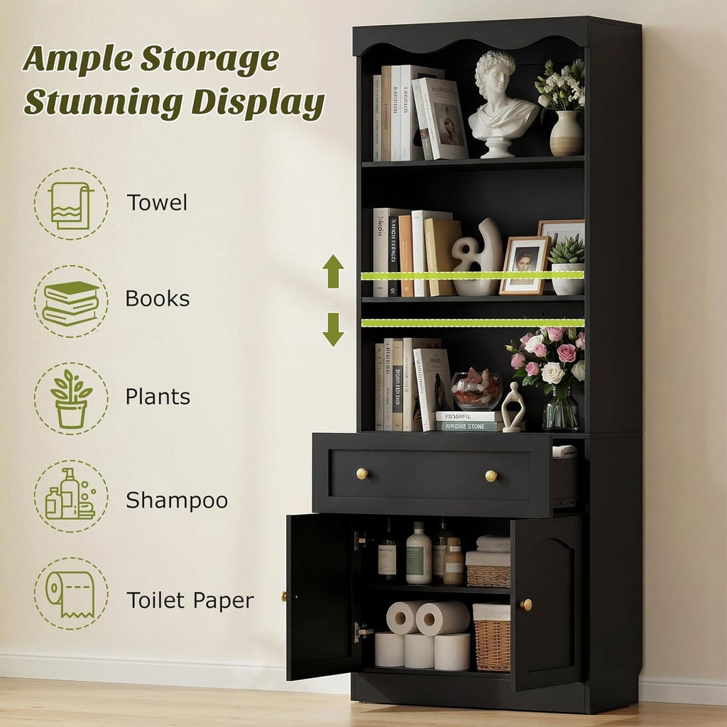 Cyclysio 80" Tall Bookcase with Doors and Drawers, Set of 4 Bookshelves and Bookcases, Arched Glass Display Cabinet and Open Storage Organizer, Farmhouse Library Furniture for Living, Office, Black