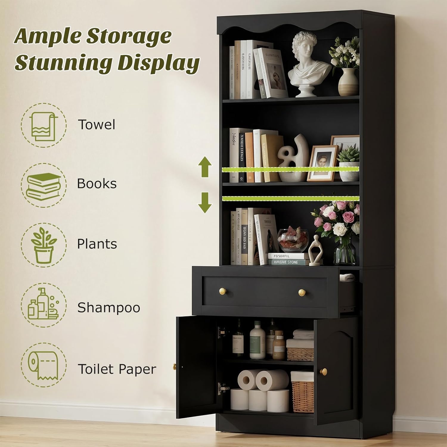 Cyclysio 80" Tall Bookcase with Doors and Drawers, Set of 4 Bookshelves and Bookcases, Arched Glass Display Cabinet and Open Storage Organizer, Farmhouse Library Furniture for Living, Office, Black