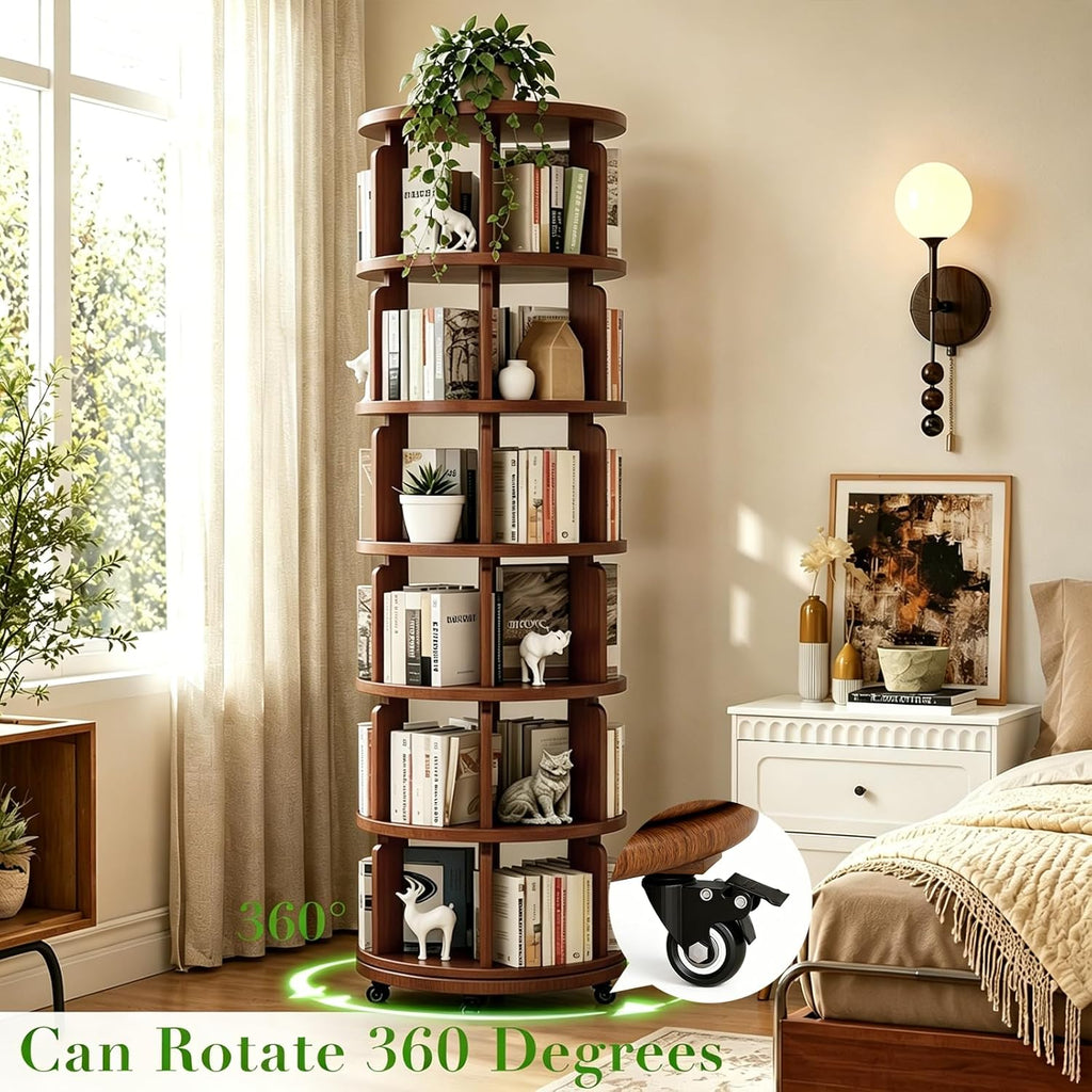 6 Tier 360° Rotating Solid Wood Bookshelf with Wheels, Lazy Susan Circular Spinning Revolving Corner Bookcase, Freestanding Storage Shelf for Bedroom Small Space, Walnut