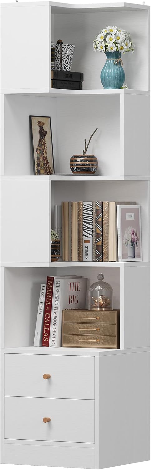 IRONCK Corner Bookshelf, 70.87" Tall Corner Bookcase with Drawers, Corner Shelf Storage Display Rack for Living Room Home Office, White