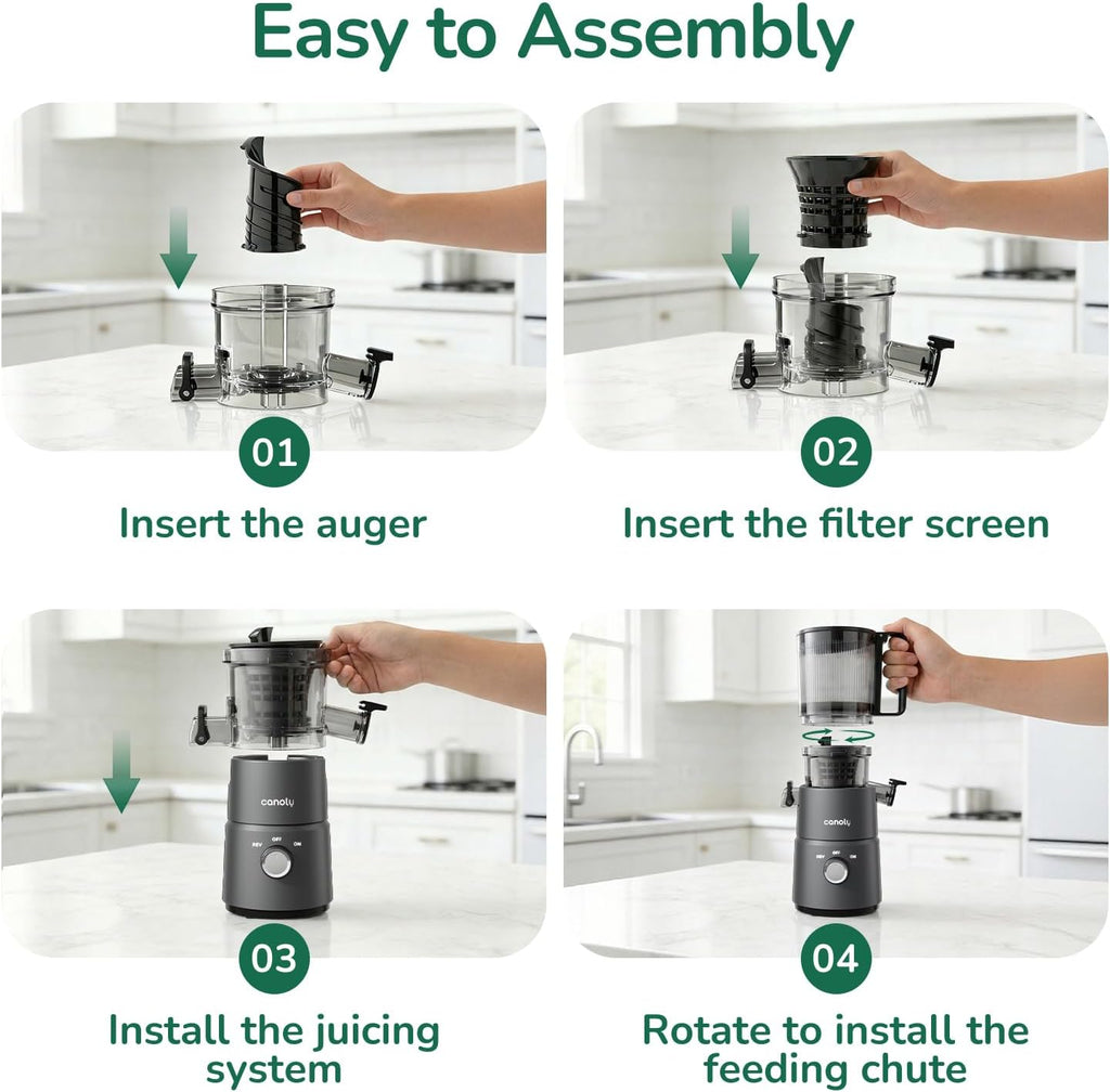 Canoly C03 Cold Press Juicer, 4.5" Wide Feed Chute Masticating Juicer Machine for Whole Fruits and Vegetables, 200W Powerful Quiet Motor, 2-in-1 Strainer (Juice & Nut Milk), Space-Saving (Matte Black)