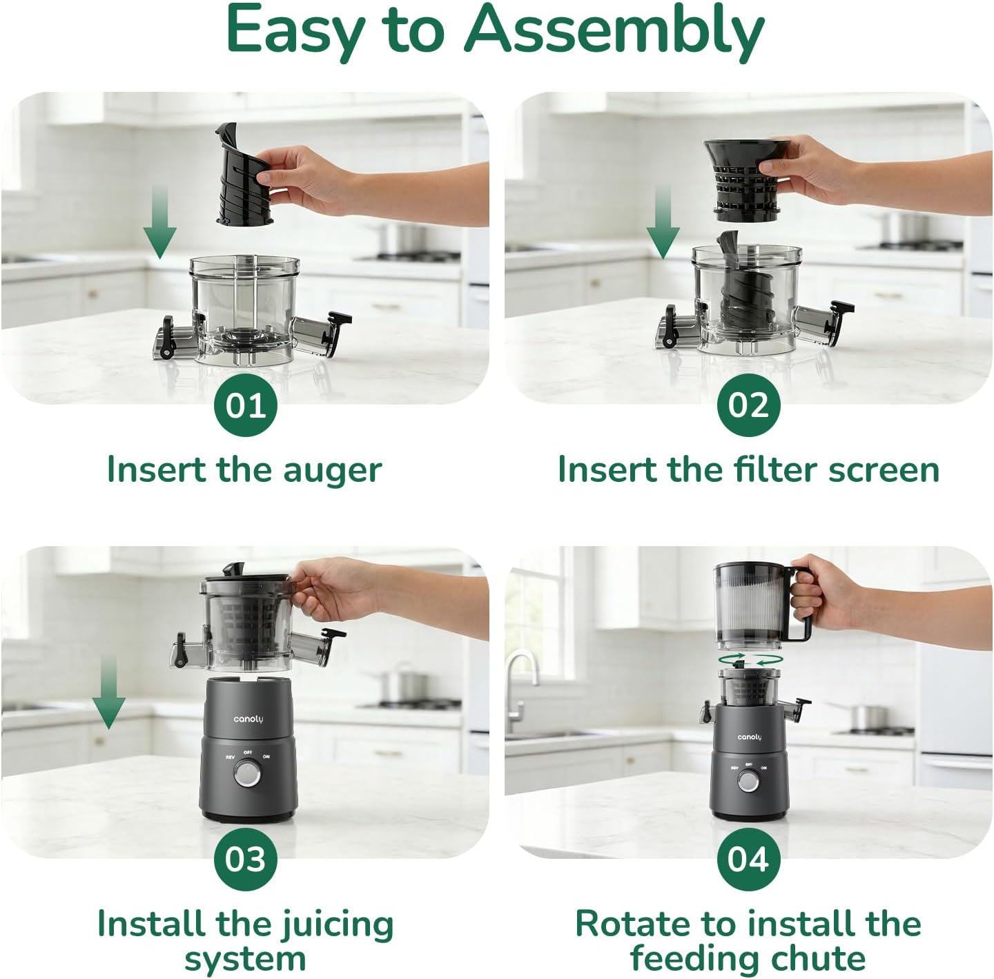 Canoly C03 Cold Press Juicer, 4.5" Wide Feed Chute Masticating Juicer Machine for Whole Fruits and Vegetables, 200W Powerful Quiet Motor, 2-in-1 Strainer (Juice & Nut Milk), Space-Saving (Matte Black)