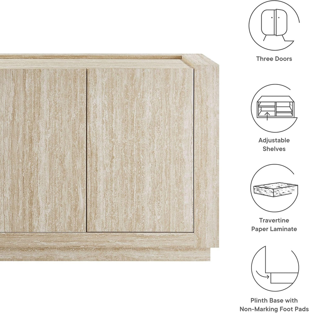 Modway Hollis Sideboard with Faux Travertine Finish - Large 59 Inch 3 Door Storage Buffet Cabinet with Adjustable Shelves for Living Room, Dining Room, Entryway, Hallway, Kitchen in Travertine