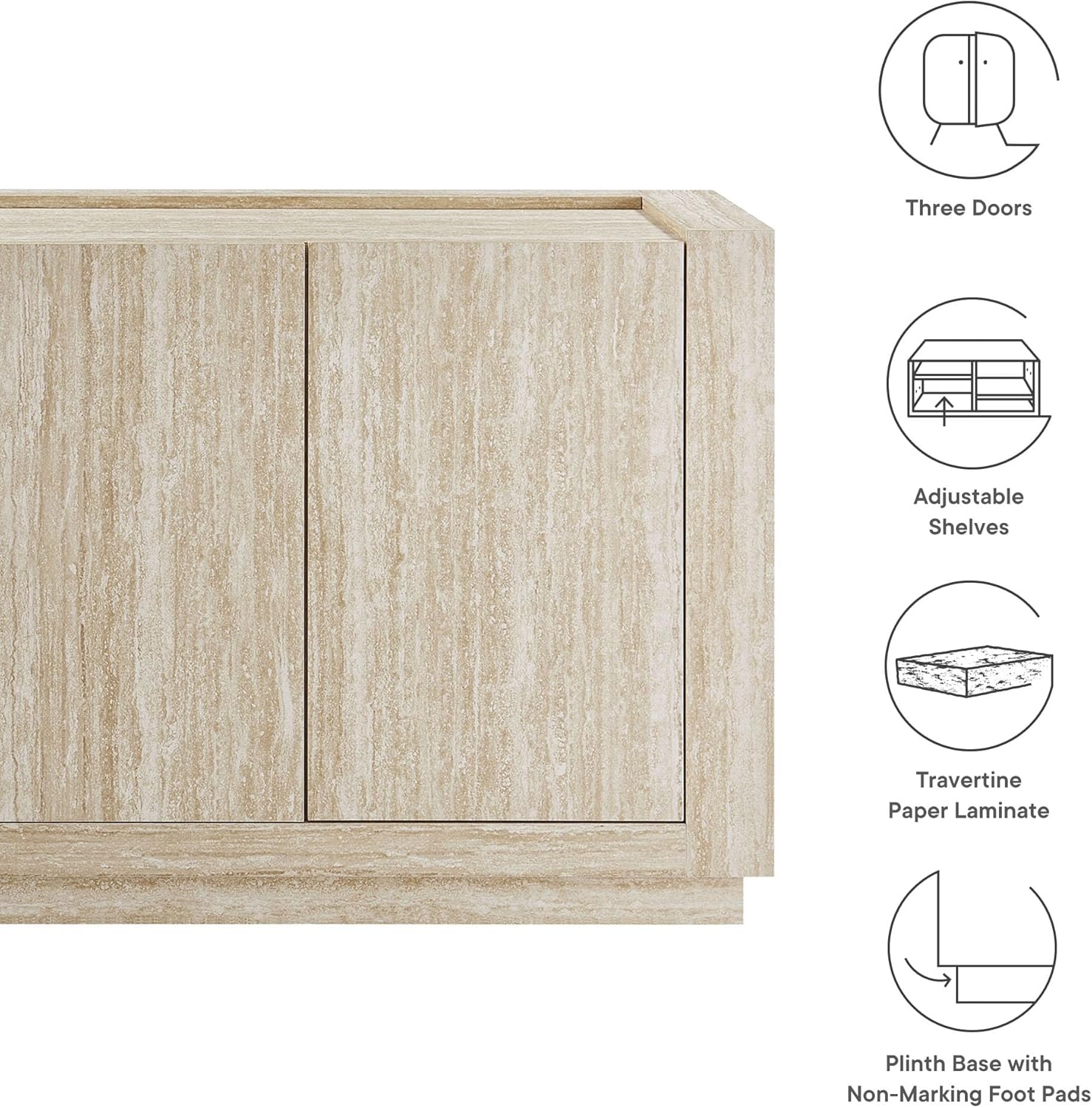 Modway Hollis Sideboard with Faux Travertine Finish - Large 59 Inch 3 Door Storage Buffet Cabinet with Adjustable Shelves for Living Room, Dining Room, Entryway, Hallway, Kitchen in Travertine