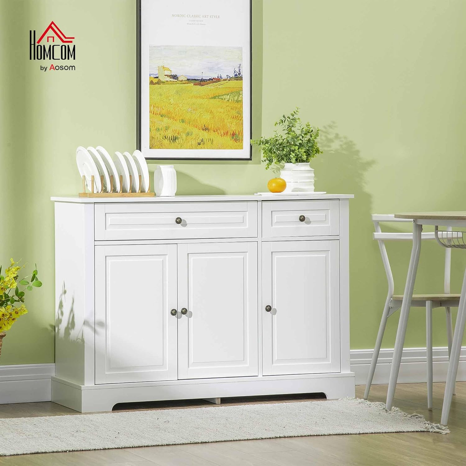 HOMCOM Sideboard Buffet Cabinet, Modern Buffet Cabinet with Storage and 2 Drawers, Coffee Bar Station with Adjustable Shelves for Kitchen, Entryway, White