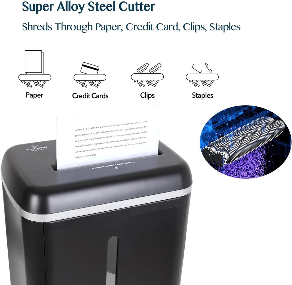 WOLVERINE 8-Sheet Super Micro Cut High Security Level P-5 Ultra Quiet Paper/Credit Card Home Office Shredder with 4.5 gallons Pullout Waste Bin SD9101 (Black)