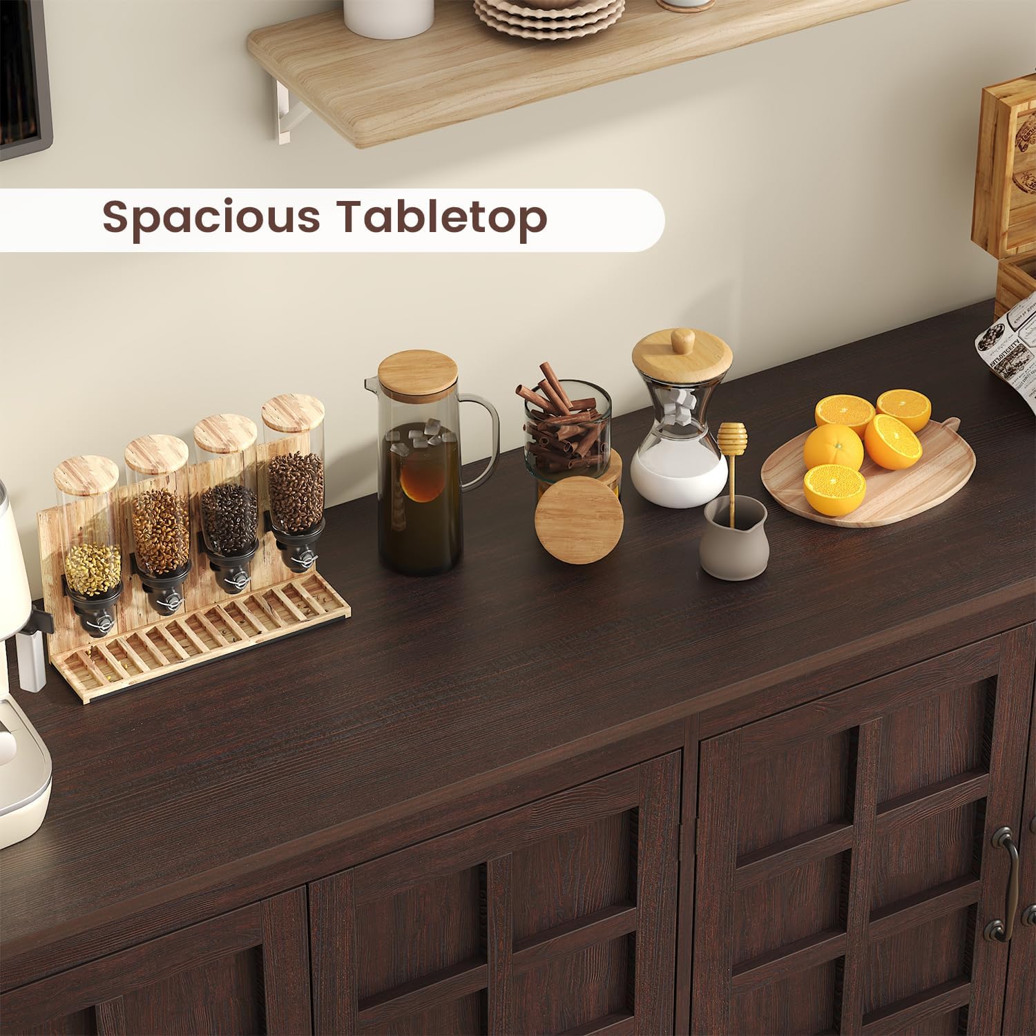 VVFLU 70" Sideboard Buffet Cabinet with Storage, Coffee Bar Cabinet with and 4 Doors, Long Wider Storage Cabinet Modern Farmhouse, Brown Wood, for Kitchen, Dining Room, Living Room